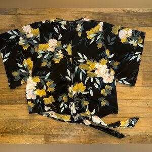Aakaa Black Greens and Blush Pinks Floral Tie-Front Kimono style Silky Top